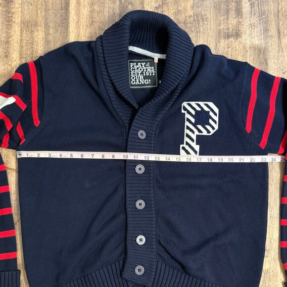Play Cloths Shawl-Collar Cardigan Sweater Letter-Patch Stripe-Sleeve Men’s XL - Picture 6 of 10